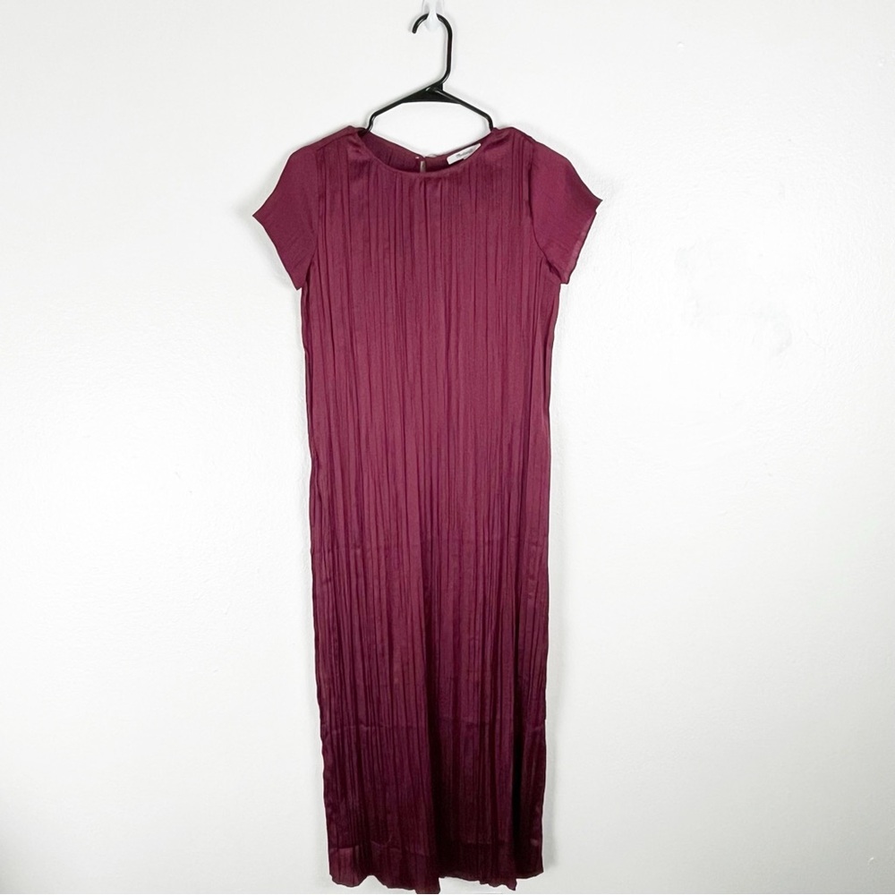 MADEWELL Mulberry Wine Short Sleeves Pleated Side Split Midi Dress, Size XS
